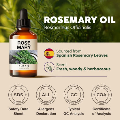 Kukka Rosemary Oil for Hair - 100% Natural Rosemary Hair Oil - Rosemary Essential Oils for Skin, Diffuser & Aromatherapy - Soap Making & DIY (4 Fl Oz).