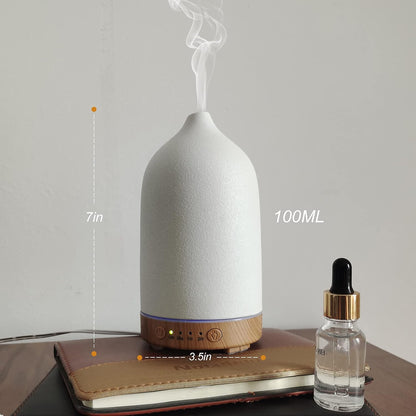 Essential Oil Diffuser Humidifiers,Aromatherapy Diffuser, Ceramic Wood Grain Diffusers for Oils,7-Color Night Light Aroma Home,Office and Trip(100Ml)-White