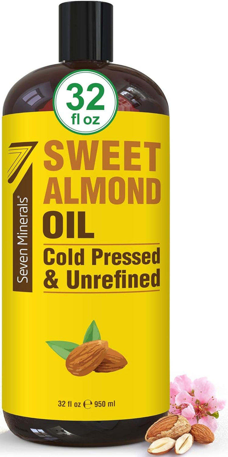 , Pure Cold Pressed Sweet Almond Oil - Big 32 Fl Oz Bottle - Unrefined &100% Natural - for Skin & Hair, with No Added Ingredients - Perfect Carrier Oil for Essential Oils