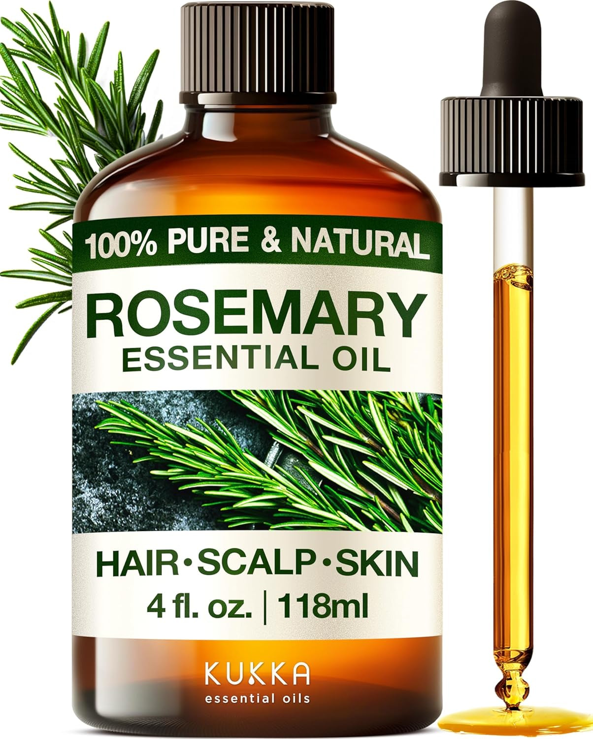 Kukka Rosemary Oil for Hair - 100% Natural Rosemary Hair Oil - Rosemary Essential Oils for Skin, Diffuser & Aromatherapy - Soap Making & DIY (4 Fl Oz).