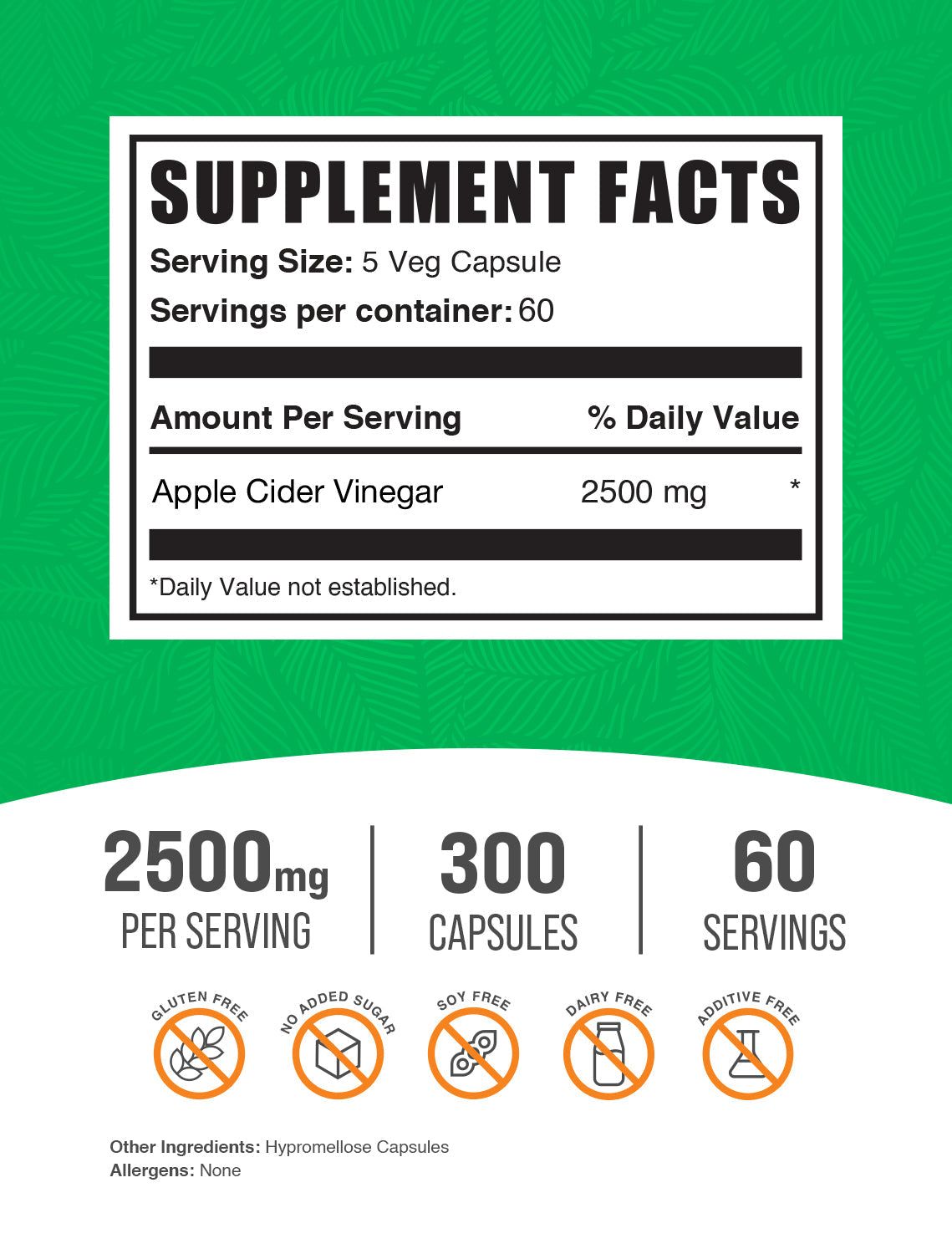 Apple Cider Vinegar Capsules - 2500Mg per Serving (300 Capsules - 60 Servings)