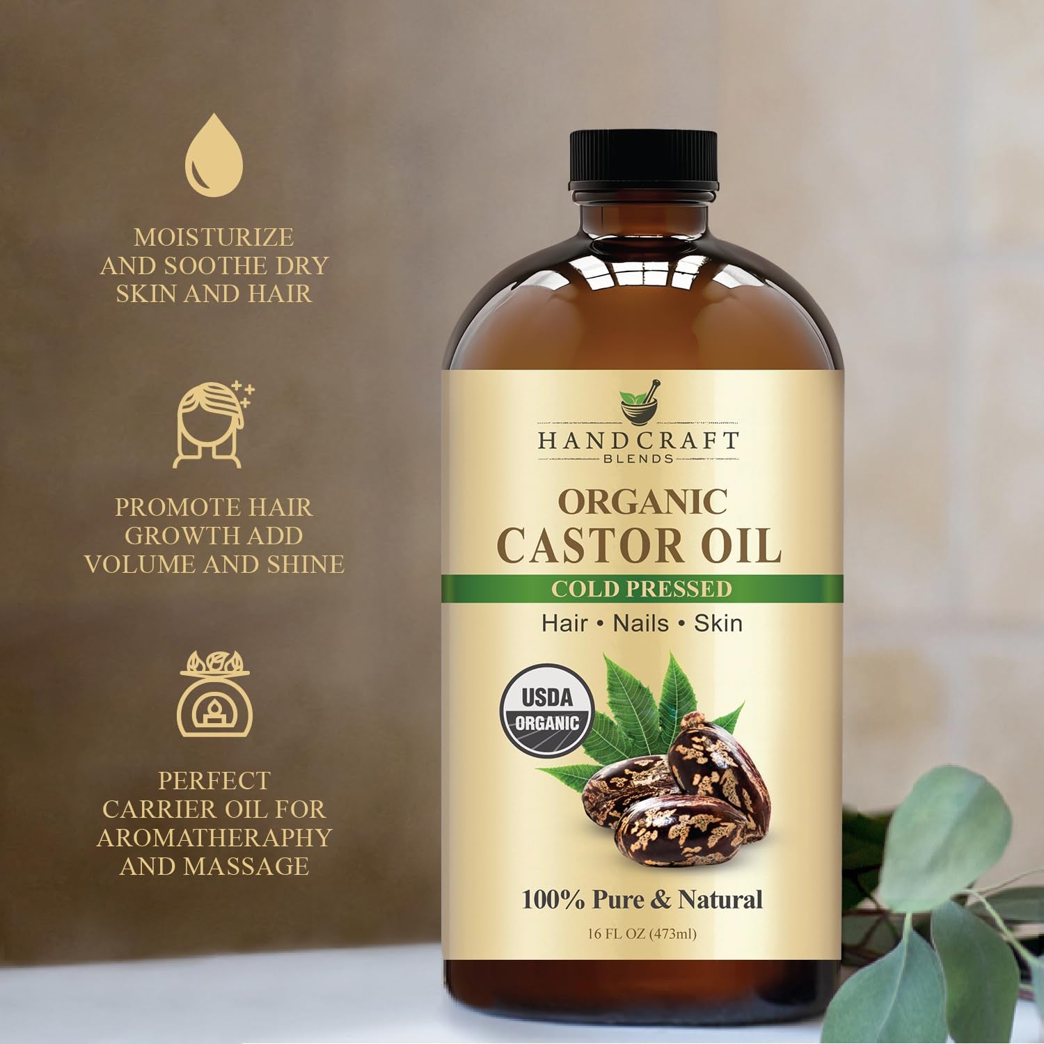 Cold-Pressed Organic Castor Oil in Glass Bottle - 16 Fl Oz - 100% Pure and Natural - Premium Grade Oil for Hair Growth, Eyelashes and Eyebrows - Carrier Oil - Hair and Body Oil